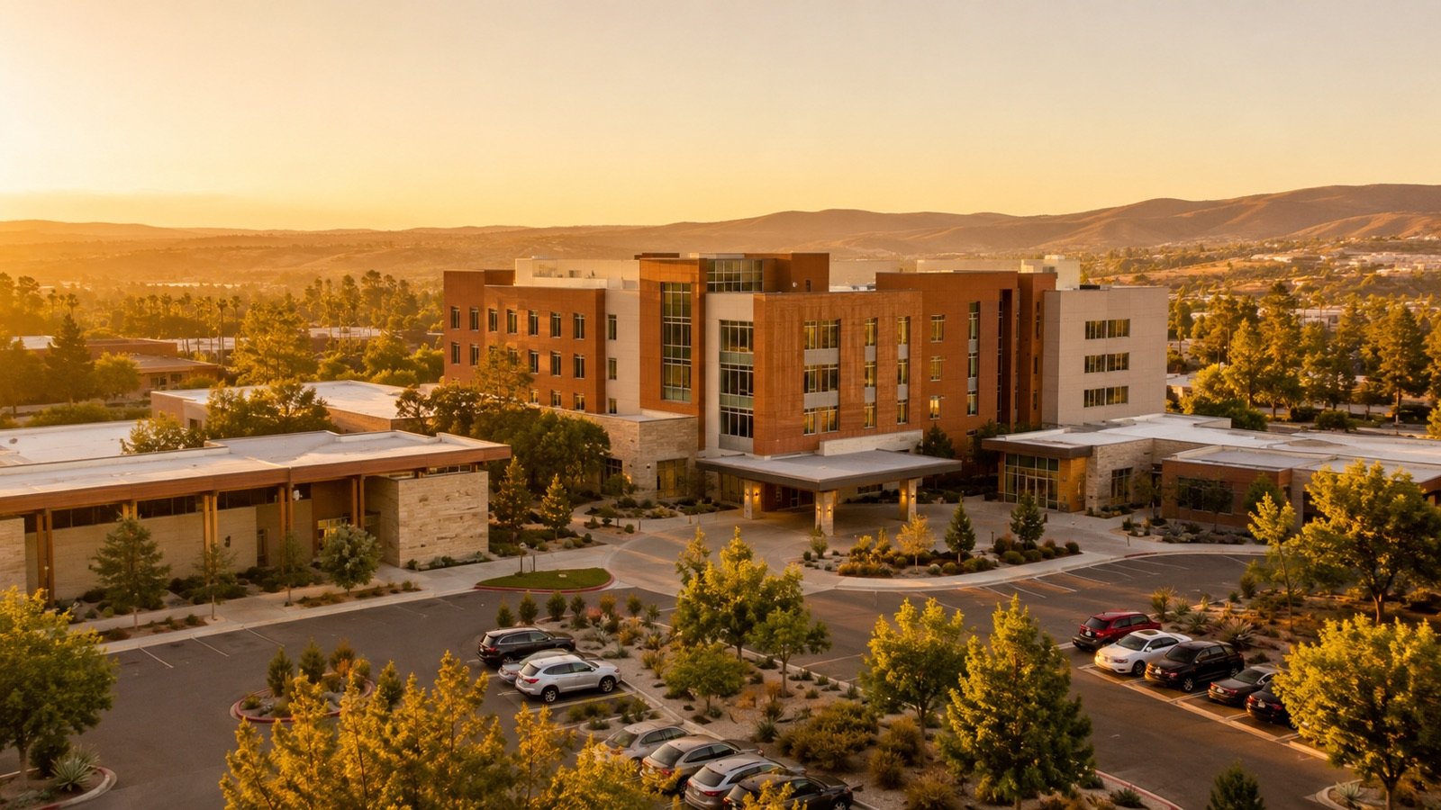 Aerial view of the Winterfield Regional Medical Center campus in early morning light