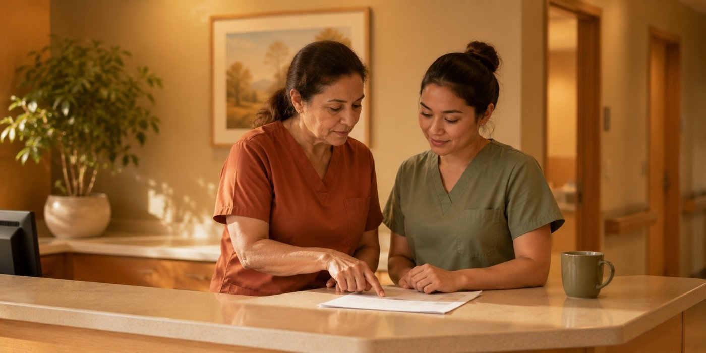 An experienced nurse and a new graduate reading a chart together