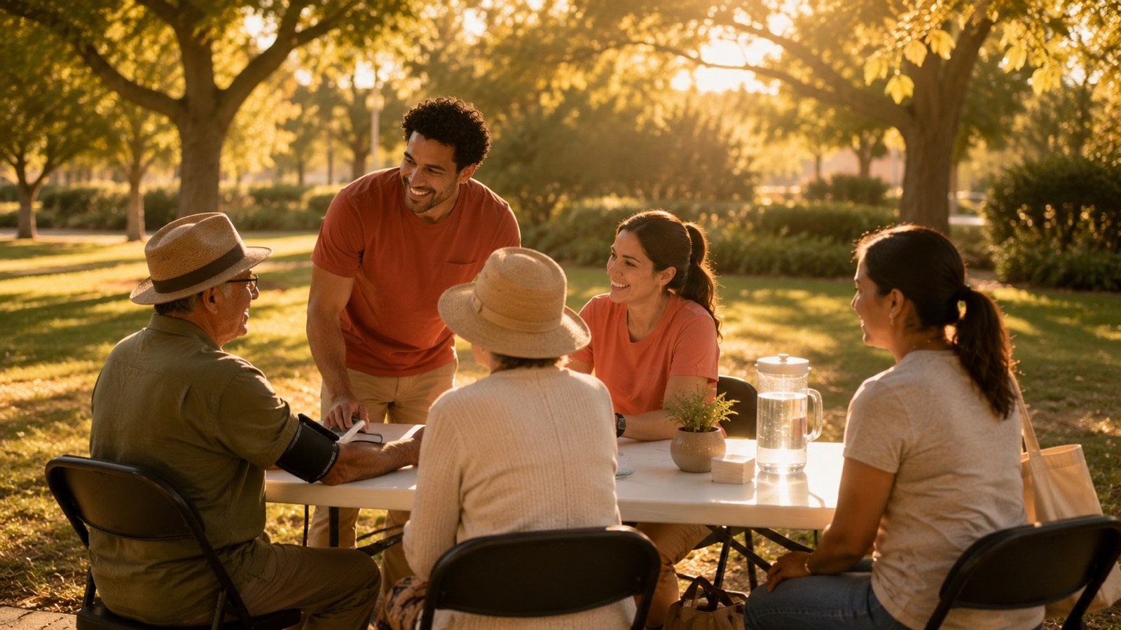Volunteers taking a blood pressure reading at a screening table in a neighborhood park