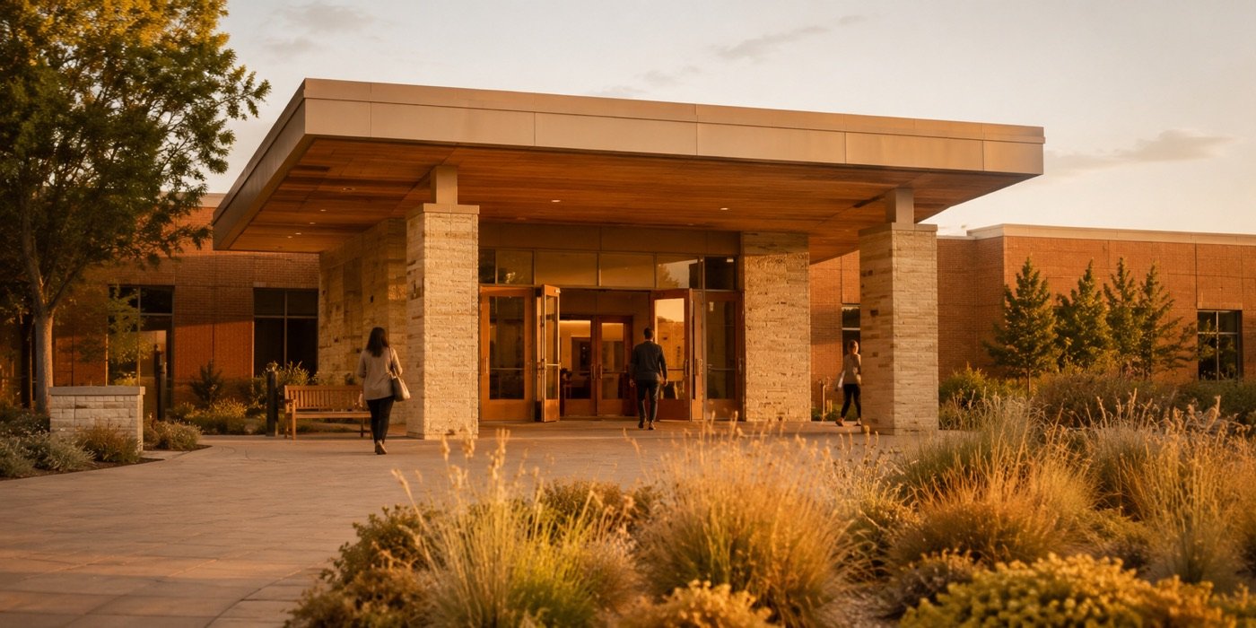 The main entrance and drop-off canopy at the Balboa Drive campus
