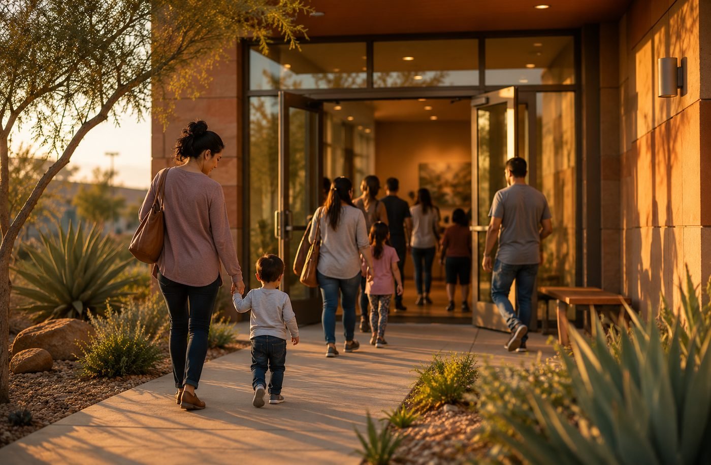 Families walking in through the open doors of the new Balboa Heights clinic at sunset