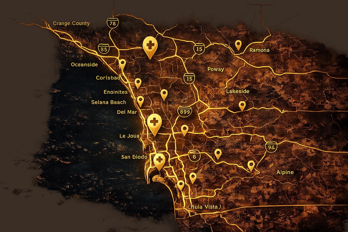 Map of the metro area showing Winterfield hospital, clinic, and lab locations