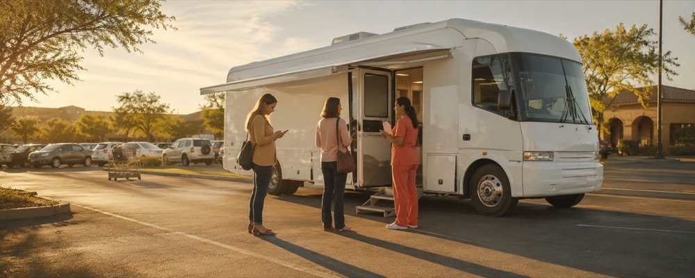 A mobile mammography unit parked outside a neighborhood supermarket
