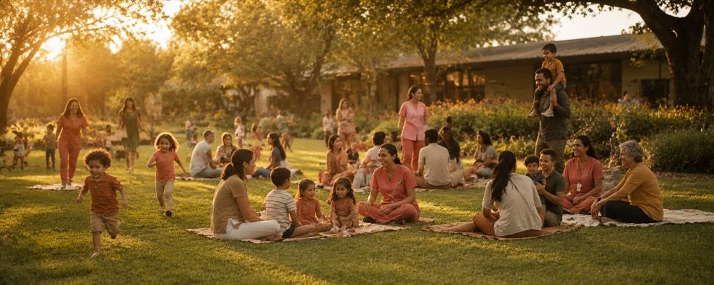 Families and children gathered on a hospital lawn at the NICU reunion