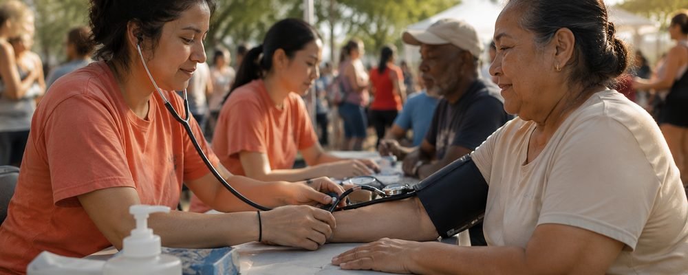 A volunteer taking a blood-pressure reading at an outdoor screening table