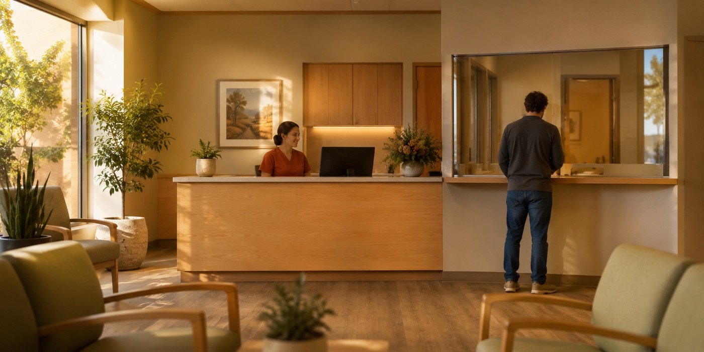The urgent care reception desk, with the triage window alongside it