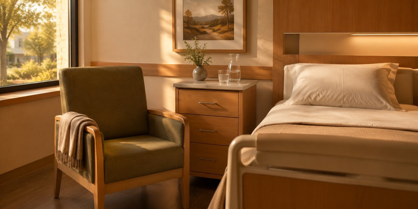 A quiet ward bay in afternoon light, with a visitor chair pulled up beside the bed